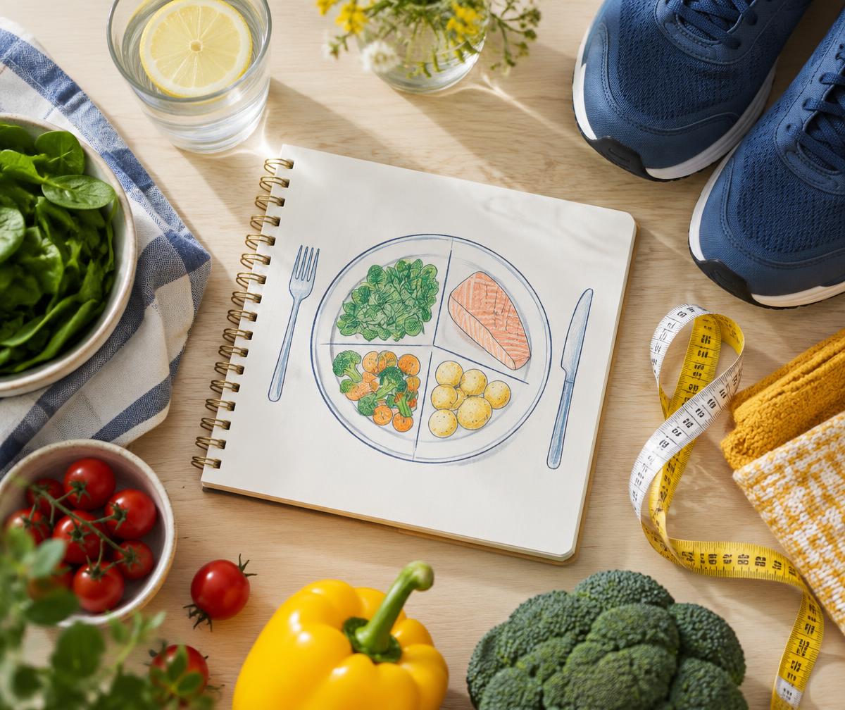 Notebook with a balanced plate drawing, vegetables, water, and walking shoes