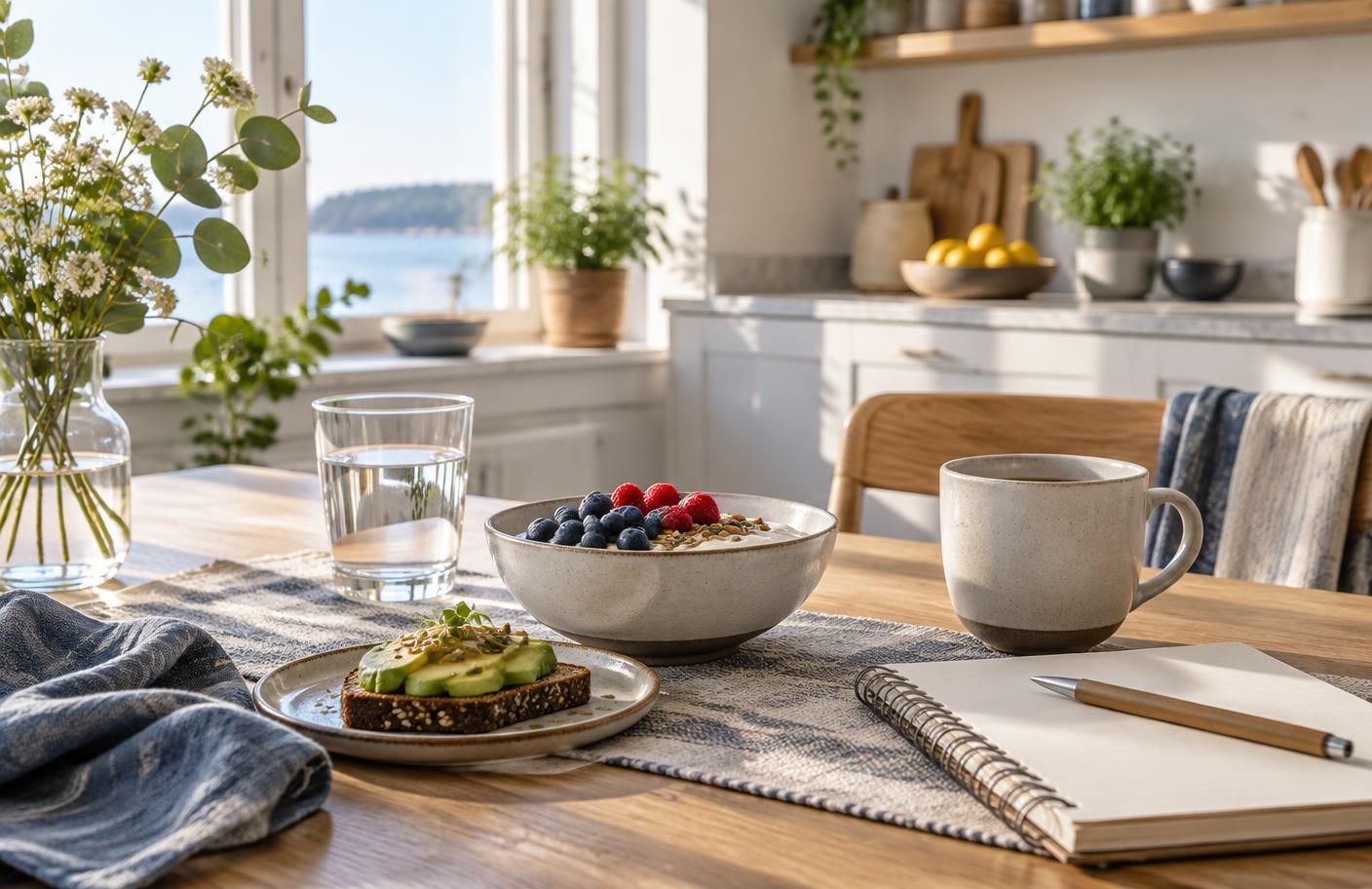 Balanced breakfast and water in a bright Scandinavian kitchen